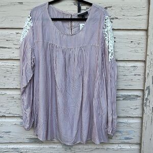 Lane Bryant Striped Crochet Shoulder BoHo Tunic Blouse Top Shirt 14/16 H5